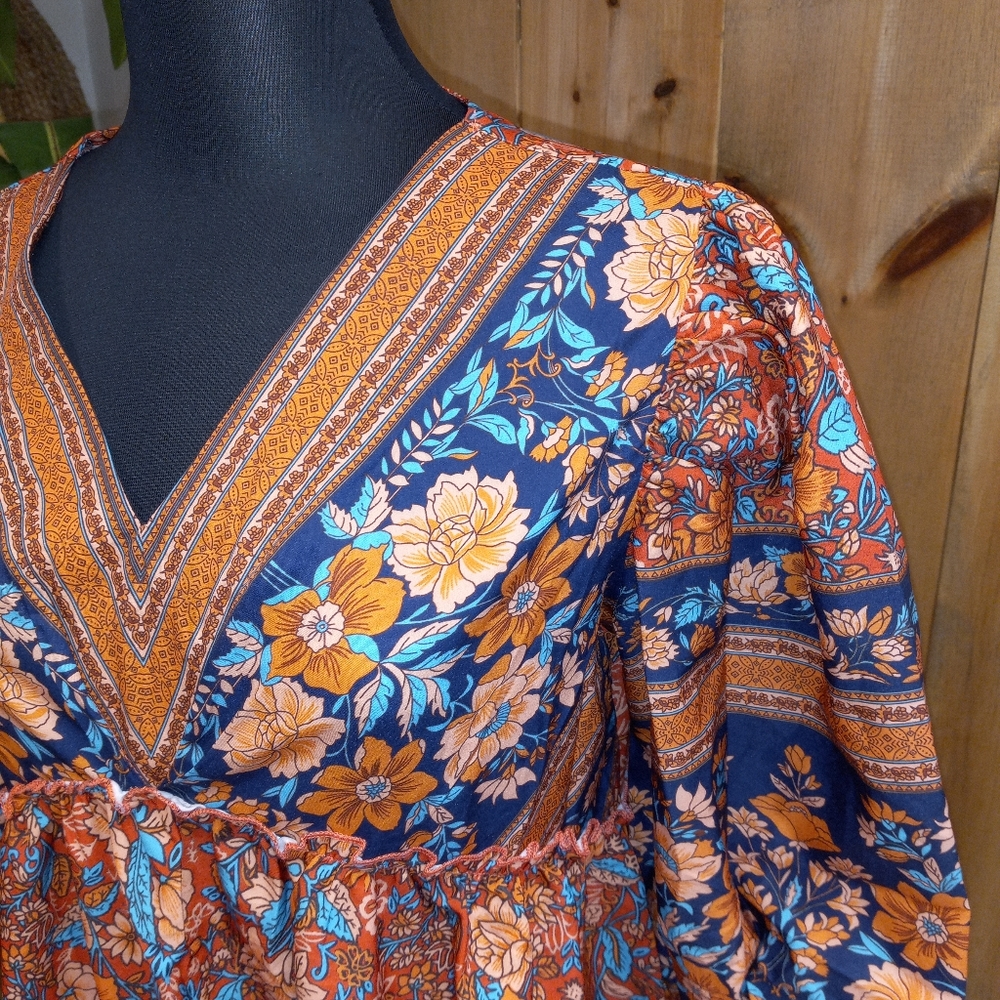 Floral Midi Dress in Blue and Orange